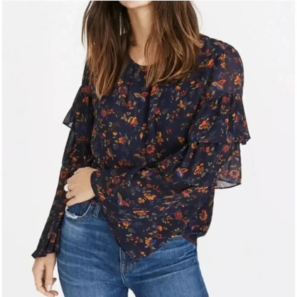Madewell Ruffle Sleeves Floral-Vine Moonless Navy Blue Blouse Shirt Top‎ Size XL